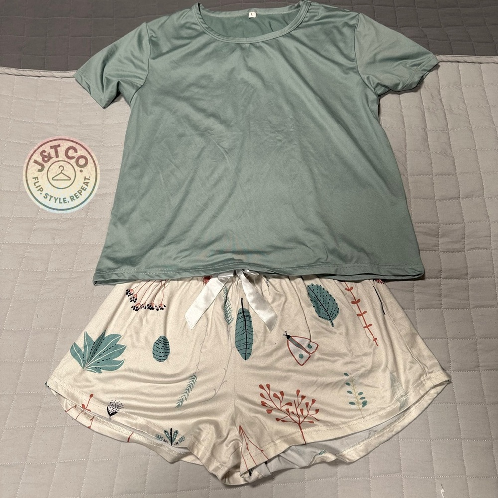 Green pajamaTop and Patterned Shorts Set